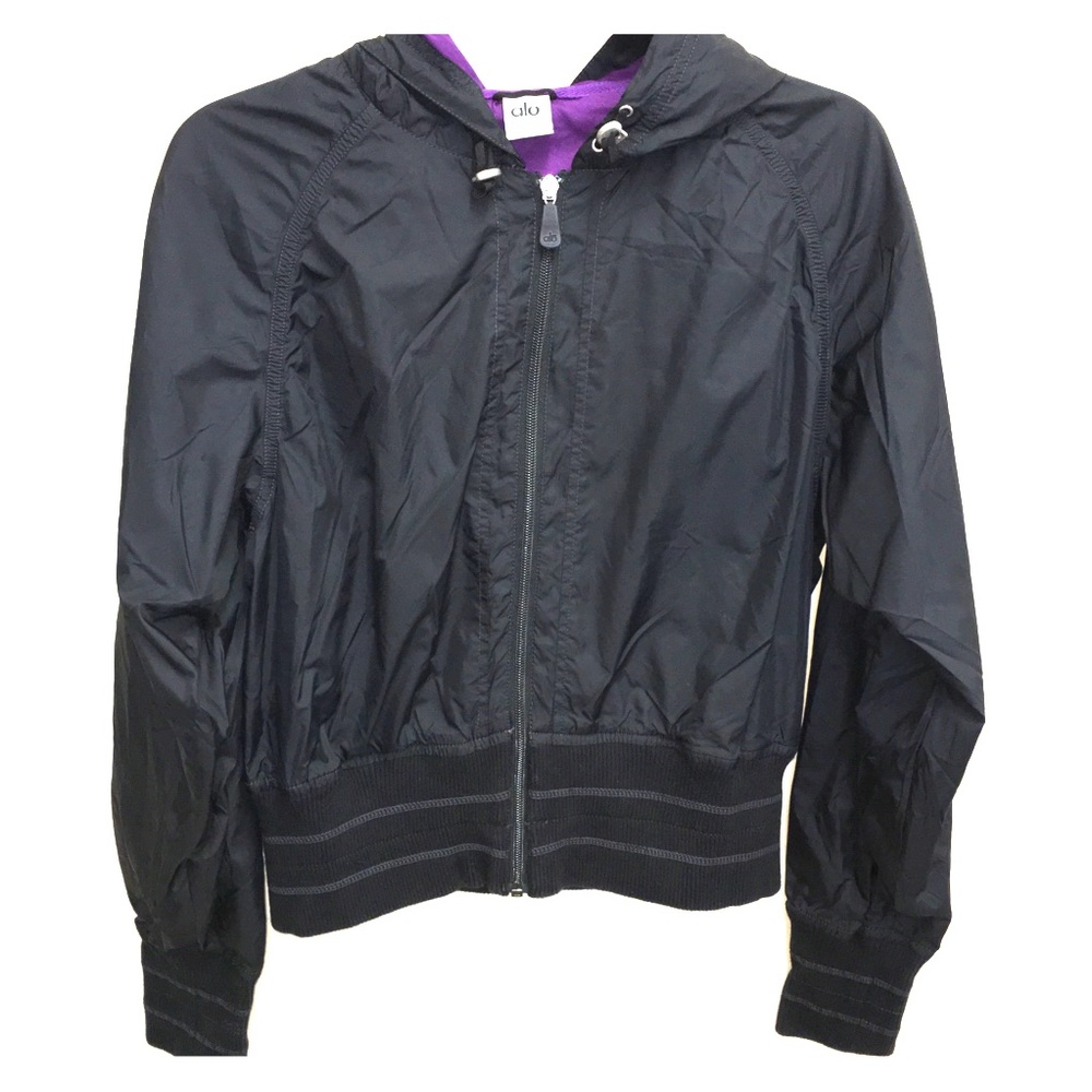 ALO Yoga black nylon hooded cropped jacket SZ L